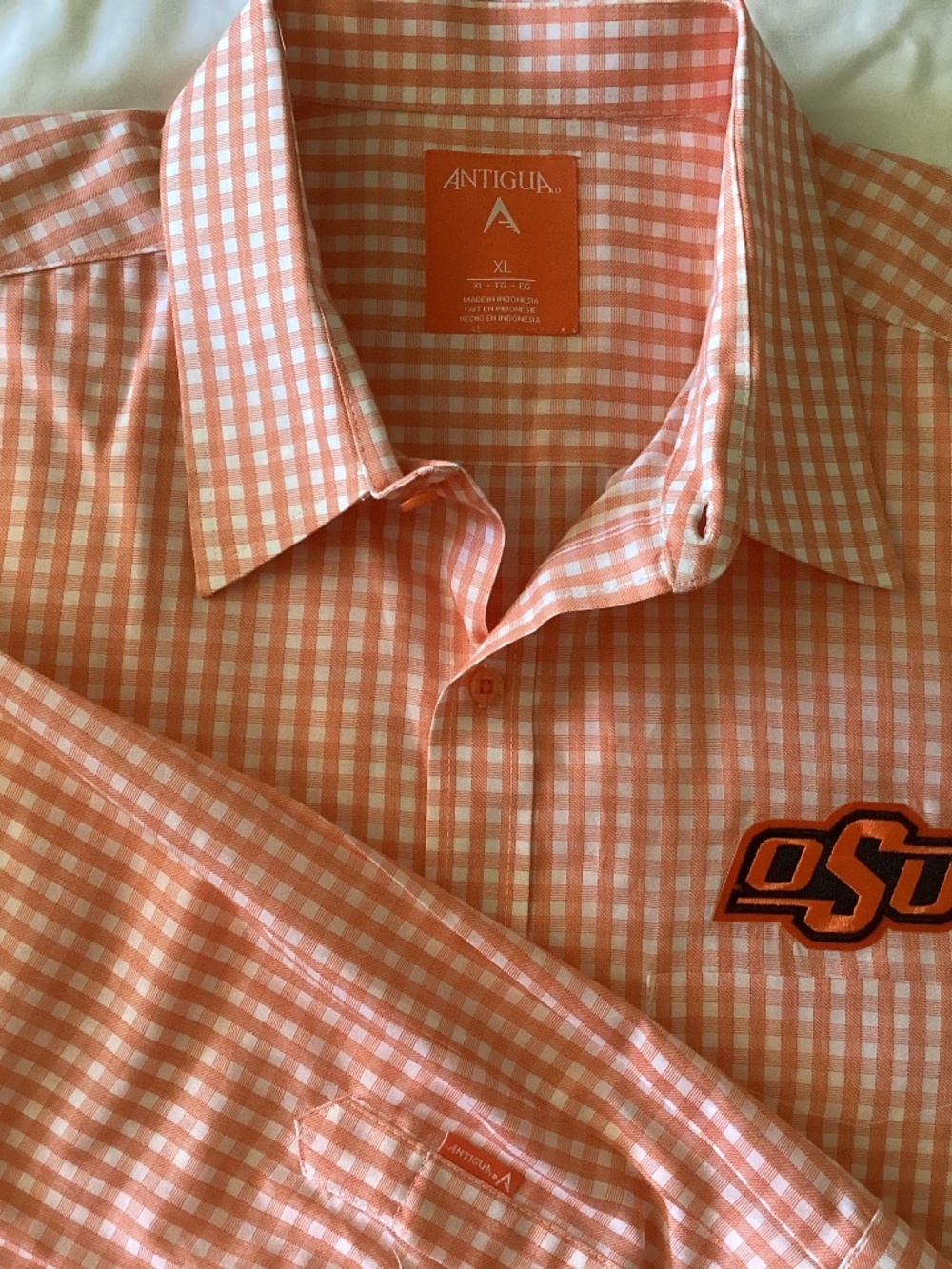 Men’ OSU Oklahoma State Cowboys ANTIGUA Long Sleeve Orange White Checkered XL